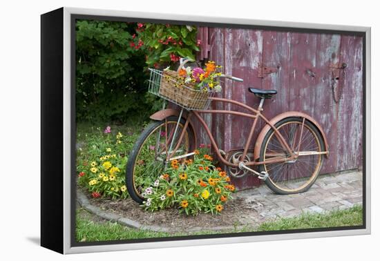 Old Bicycle with Flower Basket Next to Old Outhouse Garden Shed. Marion County, Illinois-Richard and Susan Day-Framed Premier Image Canvas