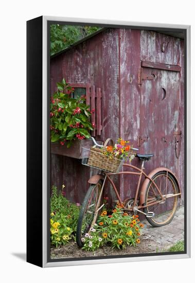 Old Bicycle with Flower Basket Next to Old Outhouse Garden Shed-Richard and Susan Day-Framed Premier Image Canvas