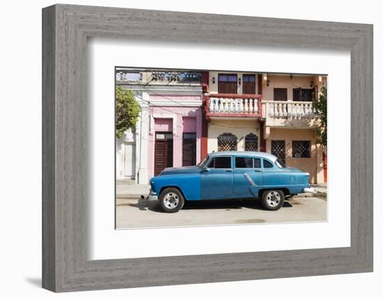 Old blue American car parked in front of old buildings, Cienfuegos, Cuba-Ed Hasler-Framed Photographic Print