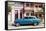 Old blue American car parked in front of old buildings, Cienfuegos, Cuba-Ed Hasler-Framed Stretched Canvas