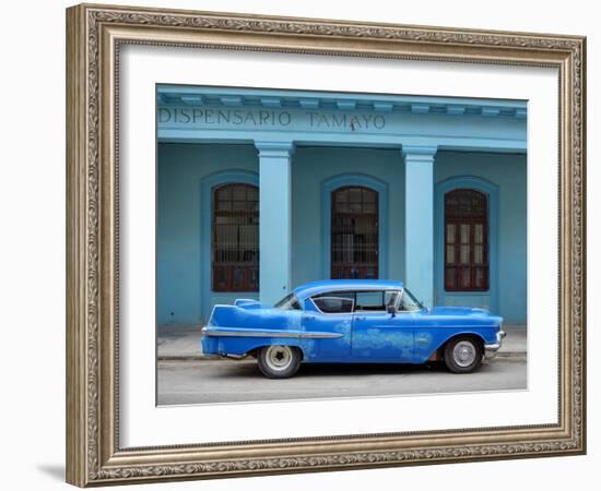 Old Blue American Car With Body Repairs Parked in Front of Blue Dispensary, Havana Centro, Cuba-Lee Frost-Framed Photographic Print