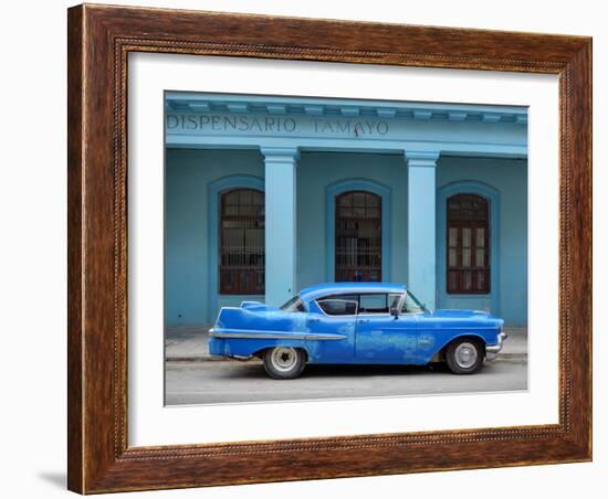 Old Blue American Car With Body Repairs Parked in Front of Blue Dispensary, Havana Centro, Cuba-Lee Frost-Framed Photographic Print