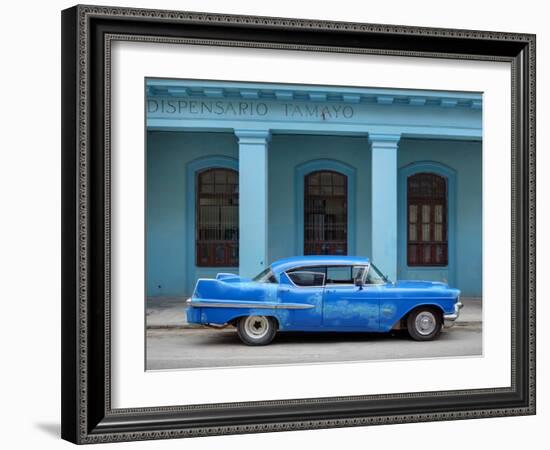 Old Blue American Car With Body Repairs Parked in Front of Blue Dispensary, Havana Centro, Cuba-Lee Frost-Framed Photographic Print