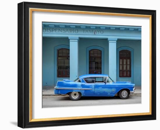 Old Blue American Car With Body Repairs Parked in Front of Blue Dispensary, Havana Centro, Cuba-Lee Frost-Framed Photographic Print