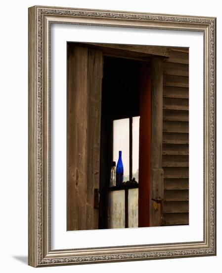 Old Blue Bottle in Window of Barn in Rural New England, Maine, USA-Joanne Wells-Framed Photographic Print