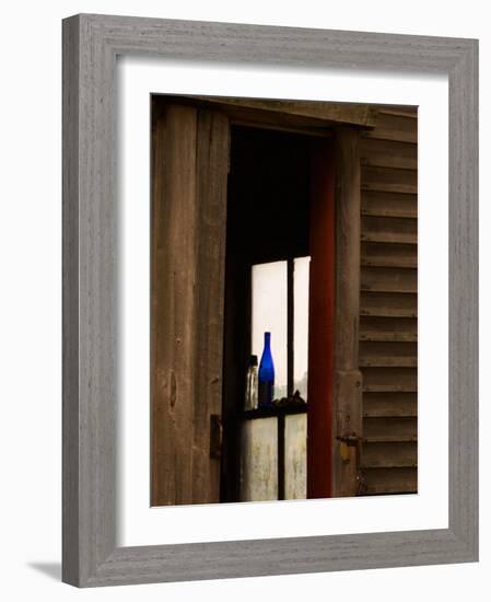 Old Blue Bottle in Window of Barn in Rural New England, Maine, USA-Joanne Wells-Framed Photographic Print