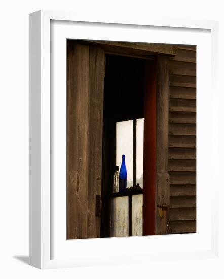 Old Blue Bottle in Window of Barn in Rural New England, Maine, USA-Joanne Wells-Framed Photographic Print