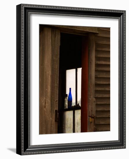 Old Blue Bottle in Window of Barn in Rural New England, Maine, USA-Joanne Wells-Framed Photographic Print