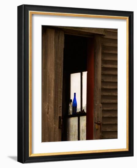 Old Blue Bottle in Window of Barn in Rural New England, Maine, USA-Joanne Wells-Framed Photographic Print
