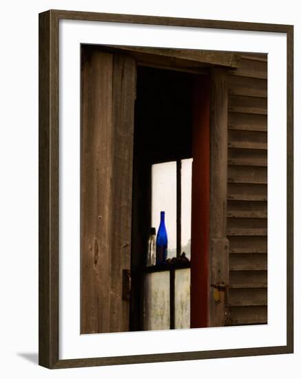 Old Blue Bottle in Window of Barn in Rural New England, Maine, USA-Joanne Wells-Framed Photographic Print