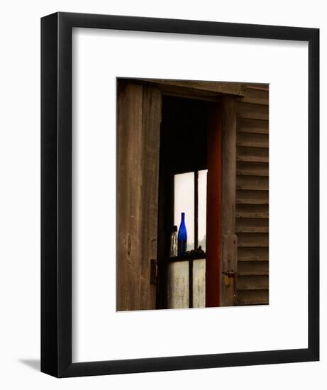 Old Blue Bottle in Window of Barn in Rural New England, Maine, USA-Joanne Wells-Framed Photographic Print