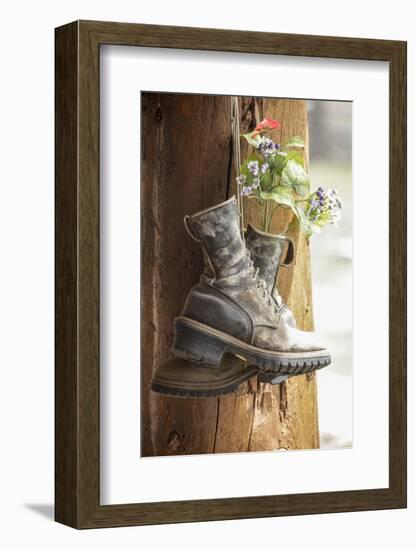 Old boots used a decoration, Pagosa Springs, Colorado, USA.-Julien McRoberts-Framed Photographic Print