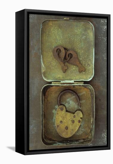 Old Brass Padlock Lying in Brass Tin with its Rusty Keys Lying in Lid and Resting-Den Reader-Framed Premier Image Canvas