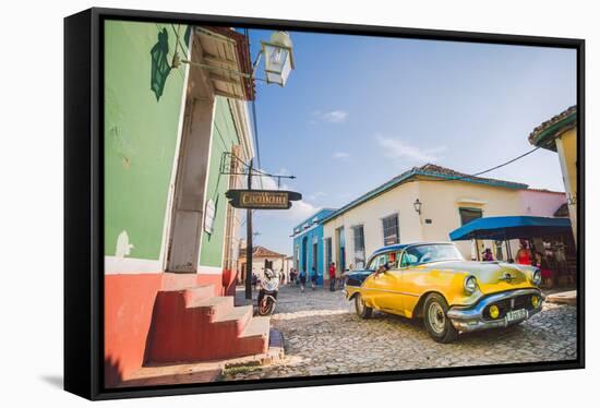 Old Car On Cobblestone Street In Trinidad, Cuba-Erik Kruthoff-Framed Stretched Canvas