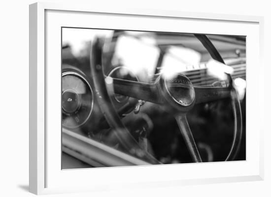 Old Chevrolet Truck's Steering Wheel in Black and White-null-Framed Photo