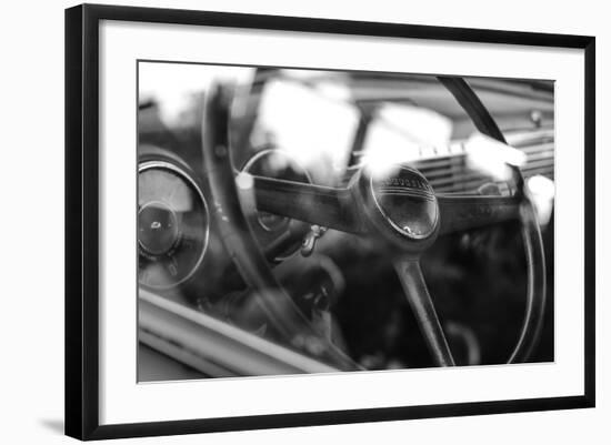 Old Chevrolet Truck's Steering Wheel in Black and White-null-Framed Photo