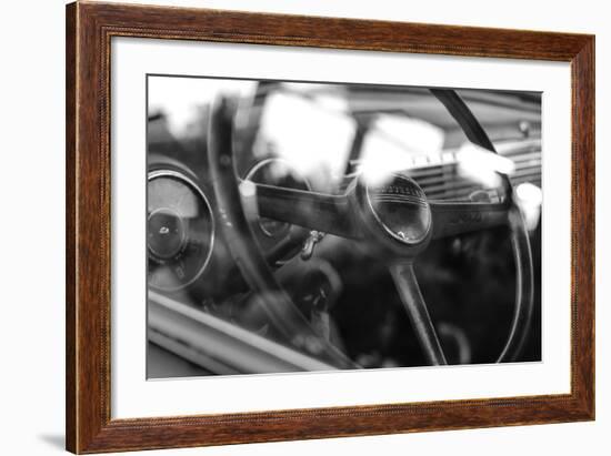 Old Chevrolet Truck's Steering Wheel in Black and White-null-Framed Photo