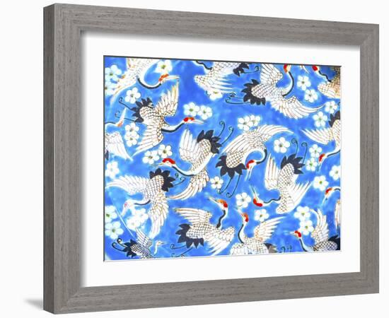 Old Chinese design blue, white and red cranes ceramic plate, Panjuan Flea Market, Beijing, China.-William Perry-Framed Photographic Print