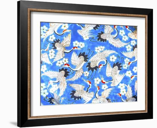 Old Chinese design blue, white and red cranes ceramic plate, Panjuan Flea Market, Beijing, China.-William Perry-Framed Photographic Print