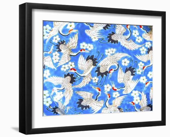 Old Chinese design blue, white and red cranes ceramic plate, Panjuan Flea Market, Beijing, China.-William Perry-Framed Photographic Print