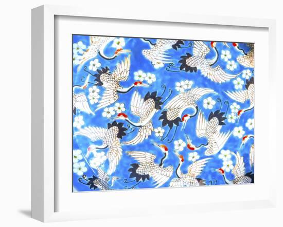 Old Chinese design blue, white and red cranes ceramic plate, Panjuan Flea Market, Beijing, China.-William Perry-Framed Photographic Print