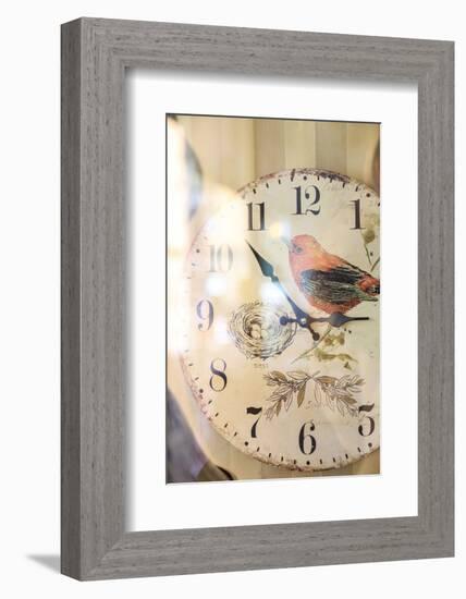 Old clock with motif of a bird, vintage look, close up-Michael Hartmann-Framed Photographic Print