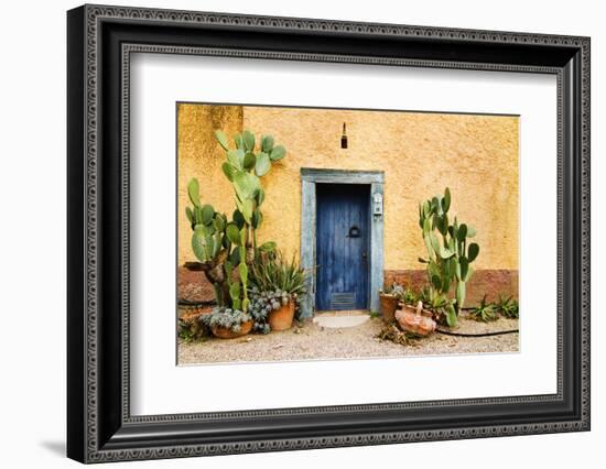 Old Doorway Surrounded by Cactus Plants and Stucco Wall.-BCFC-Framed Photographic Print