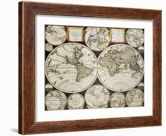 Old Double Emisphere Map Of The World Surrounded By Smallest Emispheric Projections-marzolino-Framed Art Print