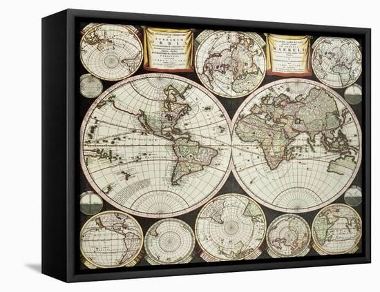 Old Double Emisphere Map Of The World Surrounded By Smallest Emispheric Projections-marzolino-Framed Stretched Canvas