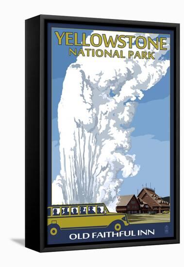 Old Faithful Lodge and Bus - Yellowstone National Park-Lantern Press-Framed Stretched Canvas