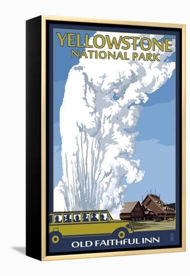 Old Faithful Lodge and Bus - Yellowstone National Park-Lantern Press-Framed Stretched Canvas