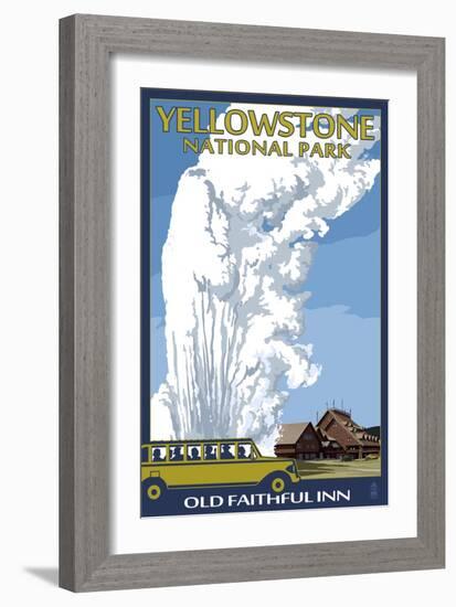 Old Faithful Lodge and Bus - Yellowstone National Park-Lantern Press-Framed Art Print