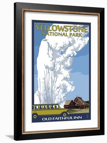 Old Faithful Lodge and Bus - Yellowstone National Park-Lantern Press-Framed Art Print