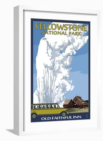 Old Faithful Lodge and Bus - Yellowstone National Park-Lantern Press-Framed Art Print