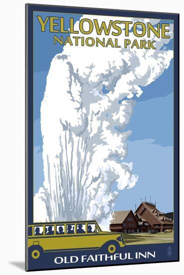Old Faithful Lodge and Bus - Yellowstone National Park-Lantern Press-Mounted Art Print
