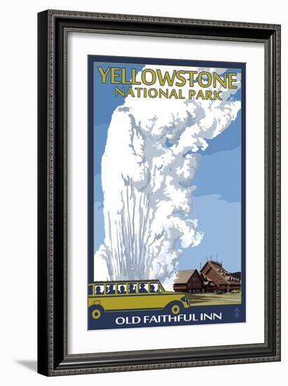 Old Faithful Lodge and Bus - Yellowstone National Park-Lantern Press-Framed Art Print