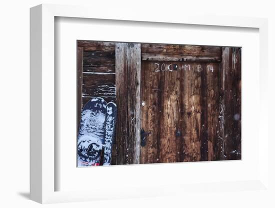 old farm door, snowboard, ski, snowfall,-Martin Ley-Framed Photographic Print