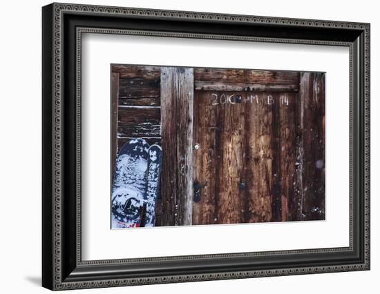 old farm door, snowboard, ski, snowfall,-Martin Ley-Framed Photographic Print