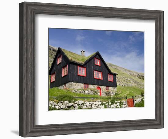 Old Farm House with Sod Roof, Kirkjubor Village, Faroe Islands, Denmark-Cindy Miller Hopkins-Framed Photographic Print