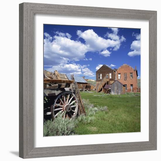 Old Farm Wagon and Derelict Wooden and Brick Houses at Bodie Ghost Town, California, USA-Tony Gervis-Framed Photographic Print