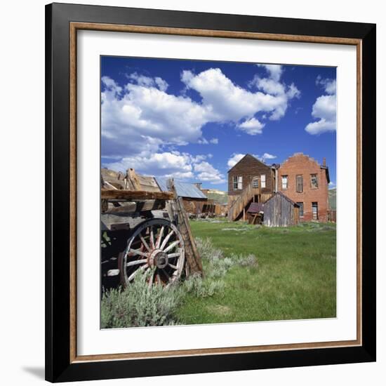 Old Farm Wagon and Derelict Wooden and Brick Houses at Bodie Ghost Town, California, USA-Tony Gervis-Framed Photographic Print