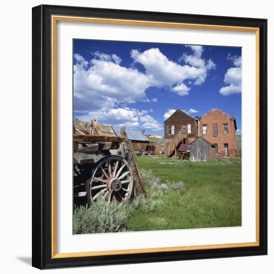 Old Farm Wagon and Derelict Wooden and Brick Houses at Bodie Ghost Town, California, USA-Tony Gervis-Framed Photographic Print