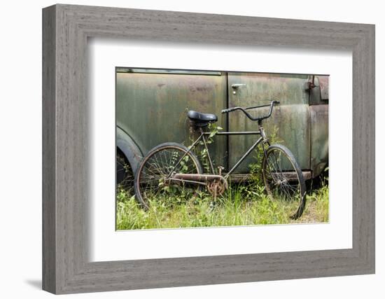 Old fashion bicycle leaning on old truck, Old Car City USA, White, Georgia-Adam Jones-Framed Photographic Print