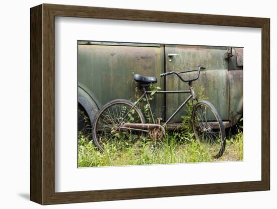 Old fashion bicycle leaning on old truck, Old Car City USA, White, Georgia-Adam Jones-Framed Photographic Print