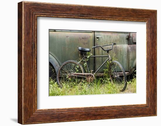 Old fashion bicycle leaning on old truck, Old Car City USA, White, Georgia-Adam Jones-Framed Photographic Print