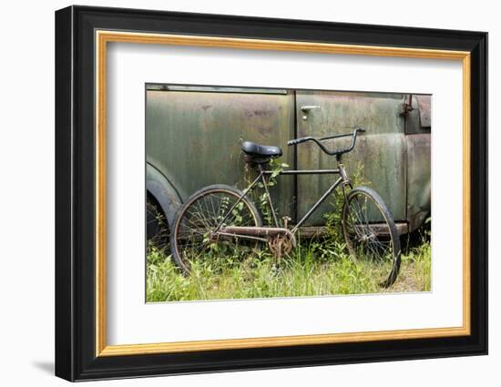 Old fashion bicycle leaning on old truck, Old Car City USA, White, Georgia-Adam Jones-Framed Photographic Print