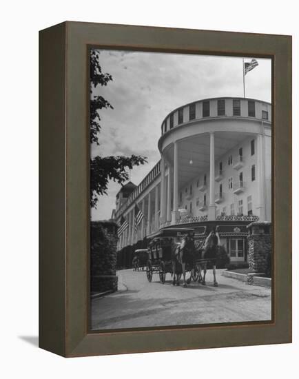 Old-Fashioned Surrey Type Carriages on Mackinac Island Outside Grand Hotel-Myron Davis-Framed Premier Image Canvas