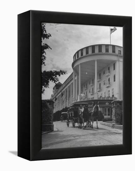 Old-Fashioned Surrey Type Carriages on Mackinac Island Outside Grand Hotel-Myron Davis-Framed Premier Image Canvas