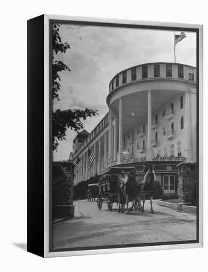 Old-Fashioned Surrey Type Carriages on Mackinac Island Outside Grand Hotel-Myron Davis-Framed Premier Image Canvas