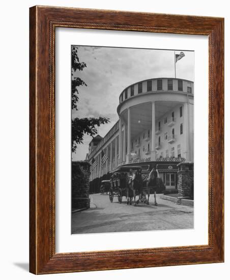 Old-Fashioned Surrey Type Carriages on Mackinac Island Outside Grand Hotel-Myron Davis-Framed Photographic Print